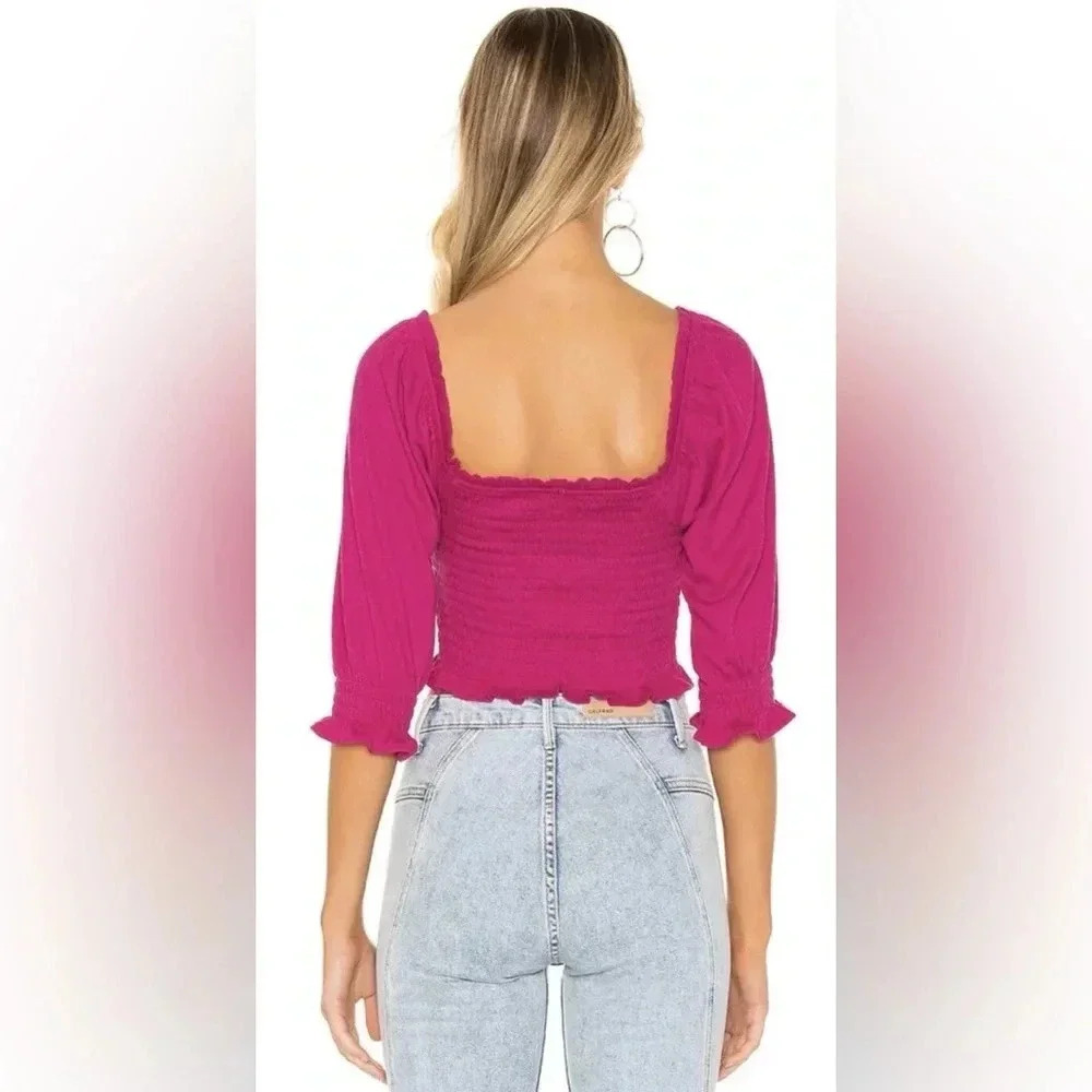 Free People Brenyce smocked  Boho top blouse ruffled sleeves jungle flower SZ M - Picture 2 of 14